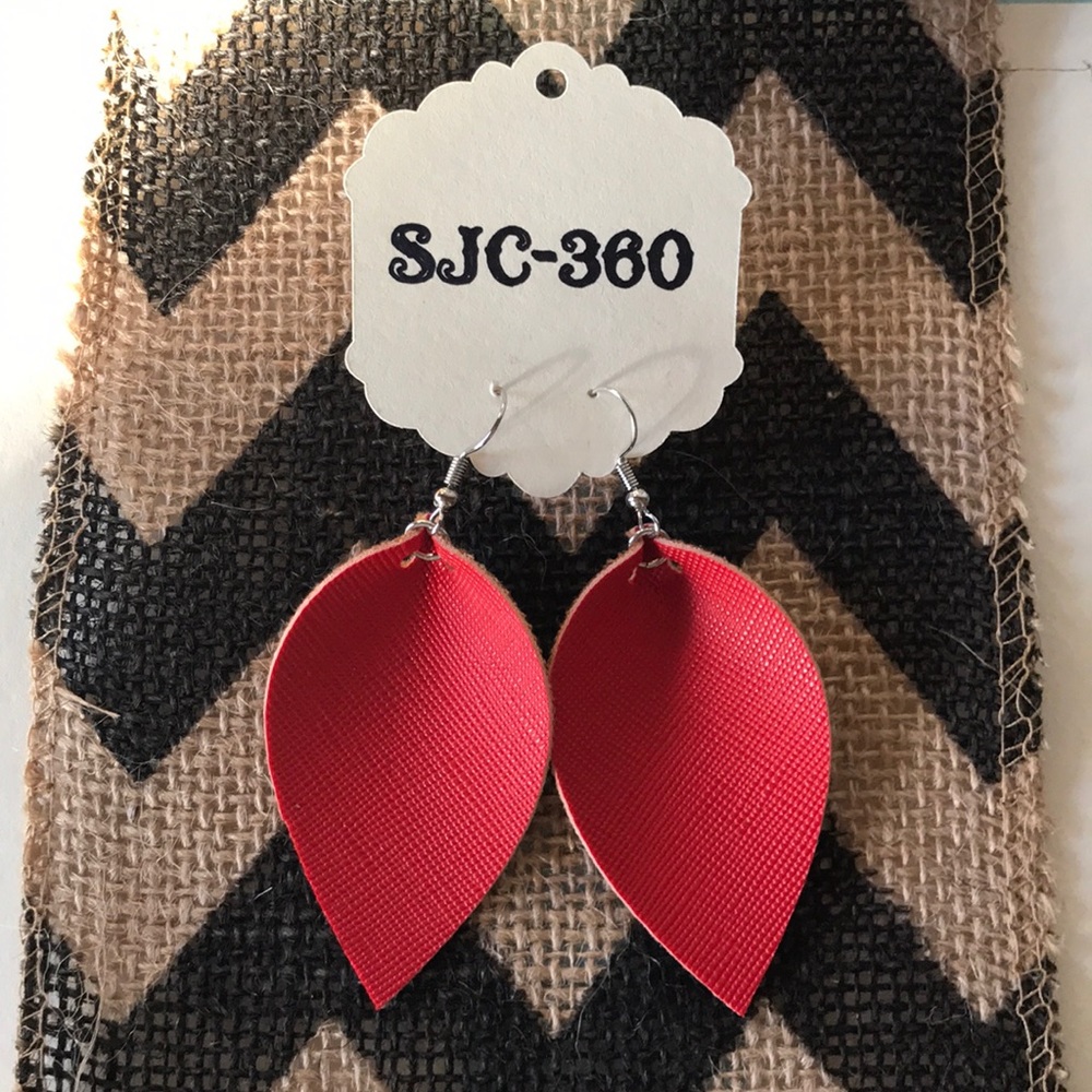Red Faux Leather, Leaf-Shaped Earrings, NWT